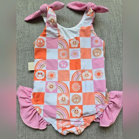 Cheeky Plum Retro Checkered Swimsuit Baby 6-12 Months Ruffled Orange And Pink - Picture 7 of 8